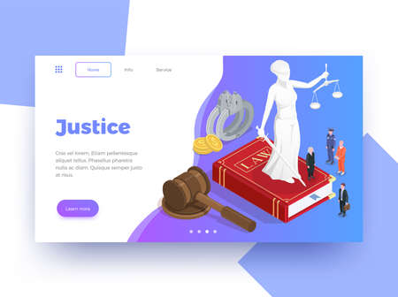 Law justice isometric website page design background with learn more button clickable links images and text vector illustrationのイラスト素材