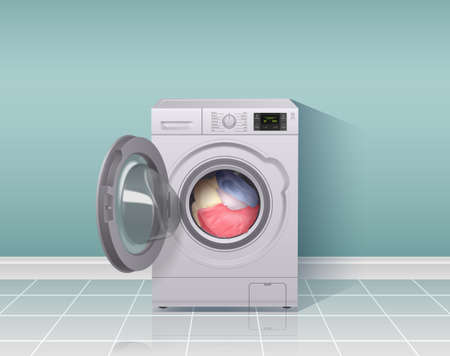 Washing machine realistic composition with housework equipment symbols vector illustrationのイラスト素材