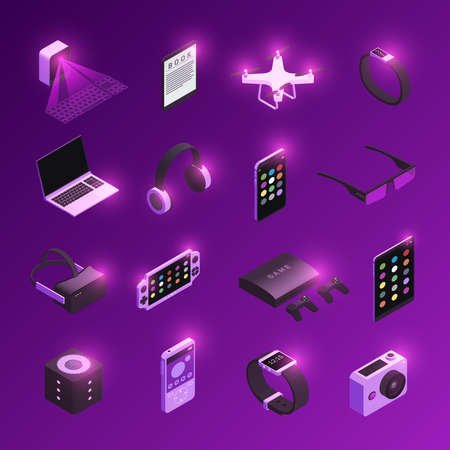 Innovative electronic technology gadgets  isometric icons set with virtual reality headset smart watch purple background vector illustrationのイラスト素材