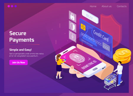 Financial technology secure payments isometric web page with glow and interface elements on purple background vector illustrationのイラスト素材