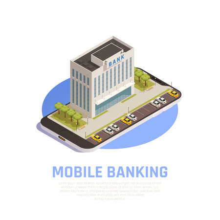 Internet online banking services isometric symbolic composition with financial head office edifice on mobile screen vector illustrationのイラスト素材