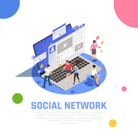 Social media network isometric composition on laptop with applications smartphone addicted users communicating messages  sharing vector illustrationのイラスト素材