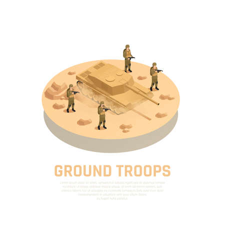 Military personnel machinery round isometric composition with armed ground troops servicemen and tank fighting vehicle vector illustrationのイラスト素材