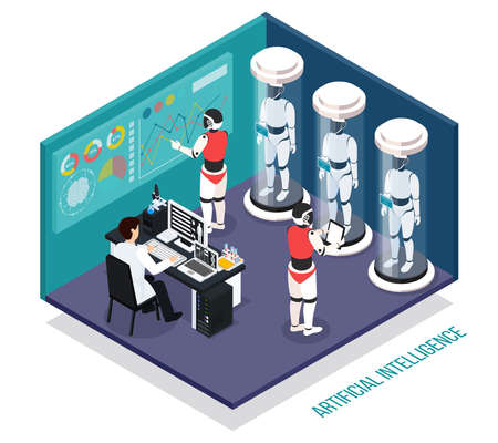 Scientist near computer during testing of robots droids in laboratory  isometric composition vector illustrationのイラスト素材