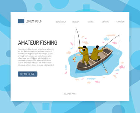 Fishermen in boat during fish catching isometric concept of web banner with interface elements vector illustrationのイラスト素材