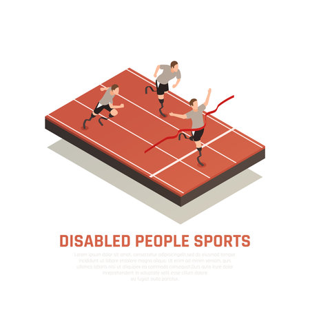 Disabled people sport isometric composition with 3 amputee blade prosthesis runners men crossing finish line vector illustrationのイラスト素材