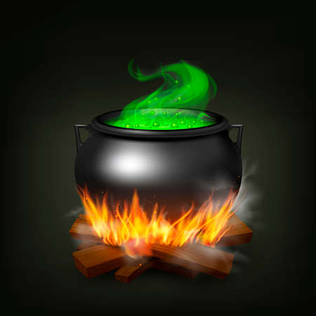 Witch pot on fire wood with green potion and steam on black background realistic vector illustrationのイラスト素材