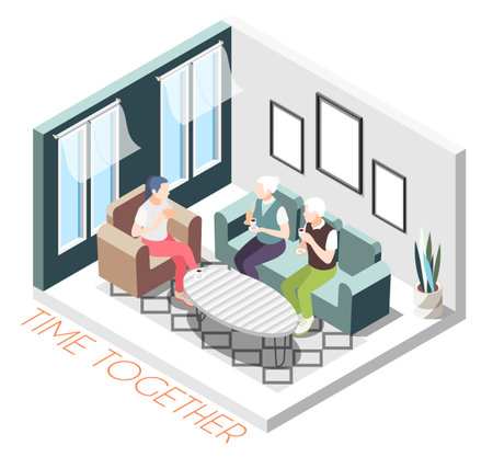 Isometric colored time together composition with girl visits parents at their home vector illustrationのイラスト素材