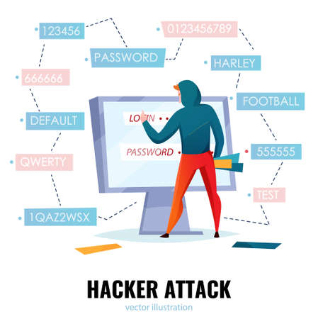 Hacker password composition with hacker attack headline and man makes password guessing vector illustrationのイラスト素材
