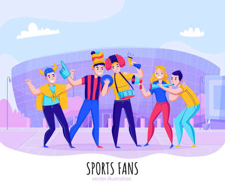 Fans cheering team composition with group of people pose on stadium background vector illustrationのイラスト素材