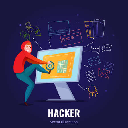 Hacker safe composition with man in hoodie hacks computer and climbs inside vector illustrationのイラスト素材