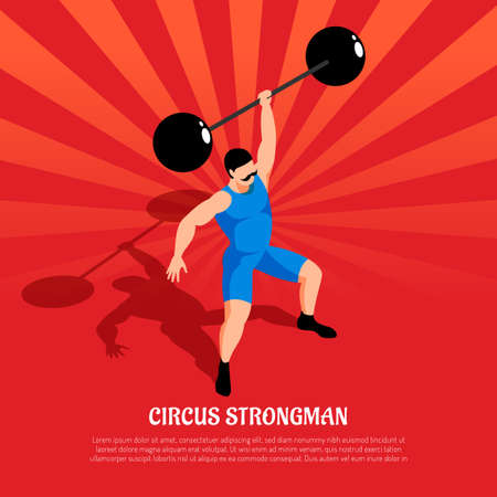 Circus strong man in blue costume with barbell on red radial background isometric vector illustrationのイラスト素材