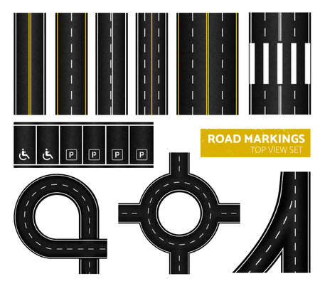 Black road markings top view icon set with different marking white and yellow vector illustrationのイラスト素材