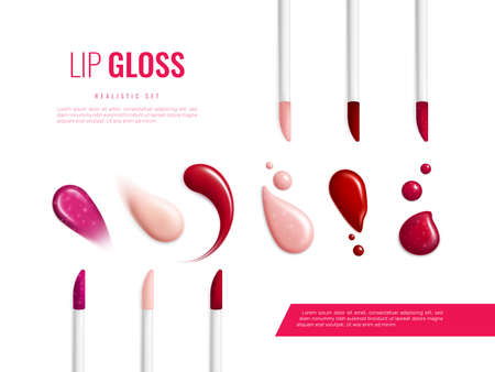 Lip gloss smears color realistic banner with different swatch glitter and matte vector illustrationのイラスト素材