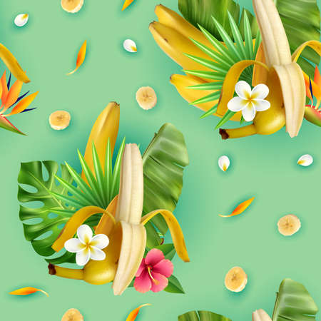 Realistic banana pattern with compositions of banana fruit tropical leavrs flowers and slices with turquoise background vector illustrationのイラスト素材