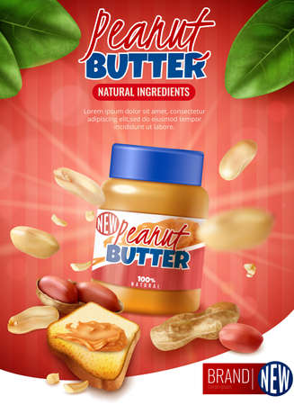 Realistic peanut butter vertical poster ads with branded jar and arachis beans with shell and text vector illustrationのイラスト素材