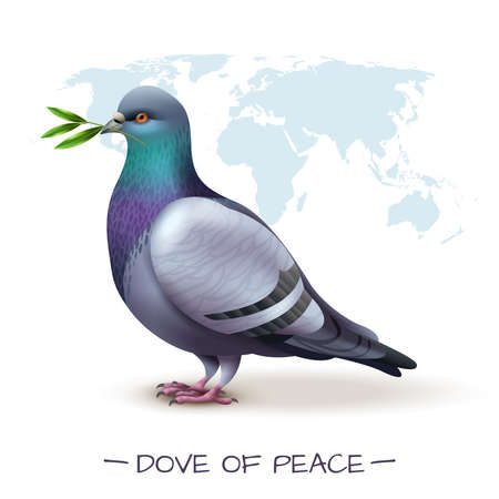 Bird background with image of pigeon holding branch with green leaves in front of world map vector illustrationのイラスト素材
