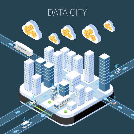 Data city isometric composition with cloud services server infrastructure and information transfer on dark backgroundのイラスト素材