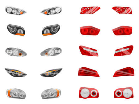Realistic auto headlights set with twelve isolated images of different car front headlamps and brake lights vector illustrationのイラスト素材