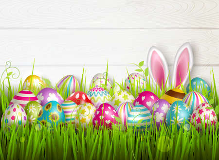 Easter composition with colourful images of festive easter eggs on green grass surface with bunny...