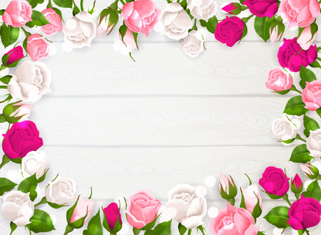 Mothers day frame with pink white and fuchsia colors of roses on white wooden background vector illustrationのイラスト素材