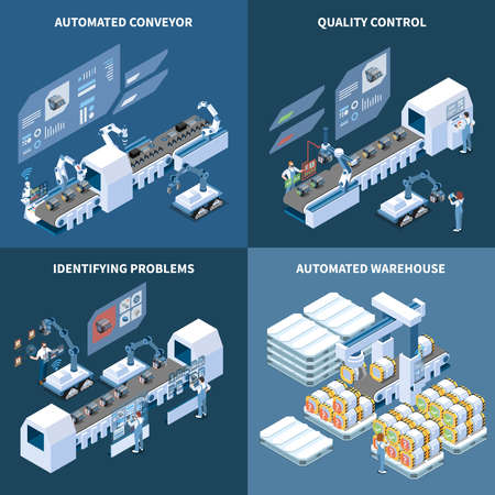 Intelligent manufacturing isometric design concept with robotized conveyor automated warehouse identifying problems quality control isolated vector illustrationのイラスト素材