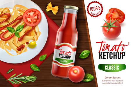 Realistic tomato ketchup advertising poster with view of wooden table and plate of pasta with text vector illustrationのイラスト素材