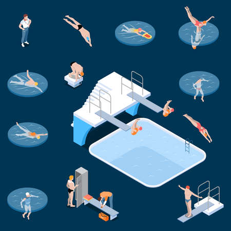 Public swimming pool sports equipment locker room elements and visitors isometric set dark background isolated vector illustrationのイラスト素材