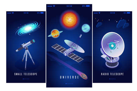 Astrophysics space research science mission 3 vertical isometric banners with radio and small...