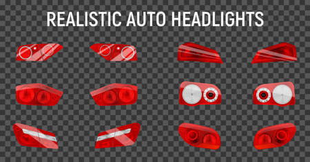 Realistic auto back stop headlights set with twelve isolated brake and marker lights on transparent background vector illustrationのイラスト素材