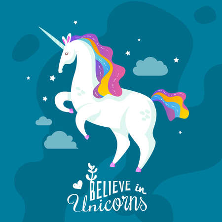 Magic cartoon background with unicorn galloping through night sky and offer to believe in miracles vector illustrationのイラスト素材