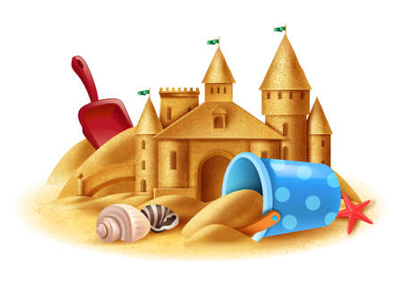 Sand castle construction realistic background with sandpit kit and seashells on sea beach vector illustrationのイラスト素材