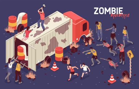 Isometric zombie apocalypse horizontal background composition with human character on truck fighting army of scary zombies vector illustrationのイラスト素材