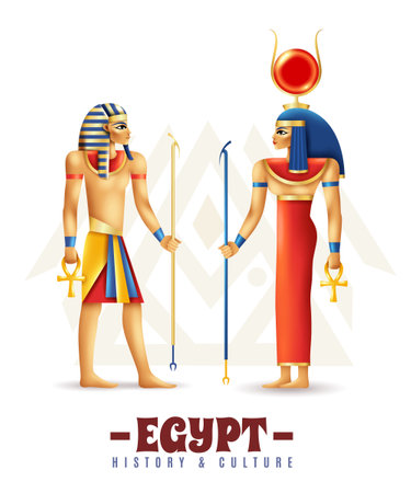 Egypt history and culture design concept in cartoon style with hathor and pharaoh persons vector illustrationのイラスト素材