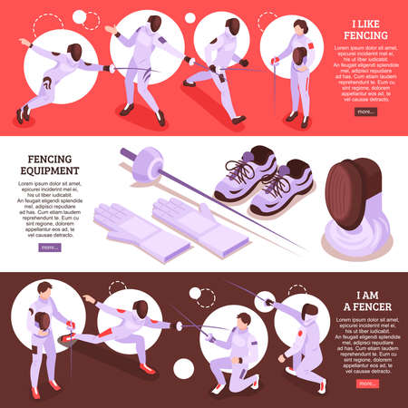Isometric fencing set of three horizontal banners with sword play scenes text and read more buttons...