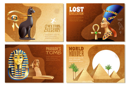 Egypt banners set of pharaohs tomb world wonder lost civilization myths and legends cartoon compositions vector illustrationのイラスト素材