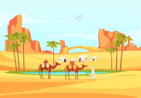 Desert outdoor composition of deserted place landscape with flat images of sandy canyons and train of camels vector illustrationのイラスト素材