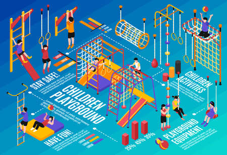 Children sport complex horizontal composition of isometric icons gymnastic apparatus images kids characters and text phrases vector illustrationのイラスト素材