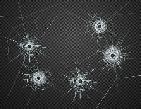 Five bullet holes in glass closeup realistic image against dark transparent background vector illustrationのイラスト素材