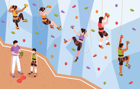 Isometric climbing wall composition with view of coach and mountain climbers climbing up artificial rock wall vector illustrationのイラスト素材