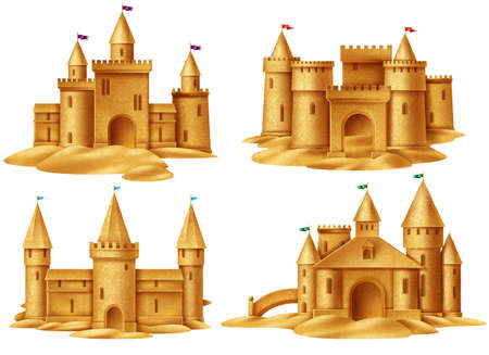 Beach sand castle 2x2 design concept set for childrens summer games on sea coast realistic vector illustrationのイラスト素材