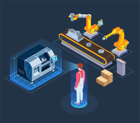 Industrial augmented reality applications with automated robotic production line virtual assistant isometric composition black background vector illustrationのイラスト素材
