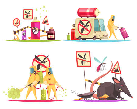 Pest control design concept with flat doodle style images of disinfectors fighting pests with decontamination facilities vector illustrationのイラスト素材
