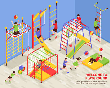Children sport complex composition with indoor gymnastic area for kids with colourful climbing frames and text vector illustrationのイラスト素材