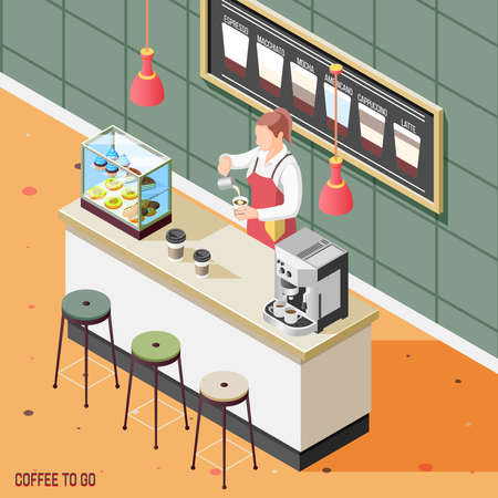 Isometric background with barista making coffee in street cafe 3d vector illustrationのイラスト素材
