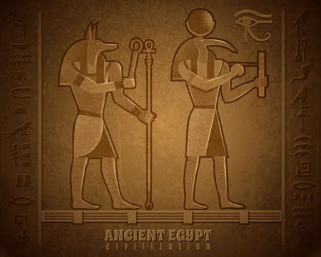 Ancient egyptian civilization cartoon vector illustration with images of famous mystical deities with animal headsのイラスト素材