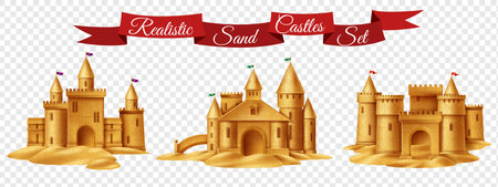 Sand castle retro set on transparent background with red header ribbon realistic vector illustrationのイラスト素材