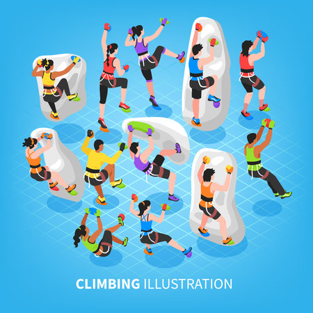 Isometric climbing wall background with set of human characters of mountain climbers equipped with mountaineering equipment vector illustrationのイラスト素材