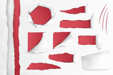 Set of holes in white paper with ripped edges over red background realistic vector illustrationのイラスト素材