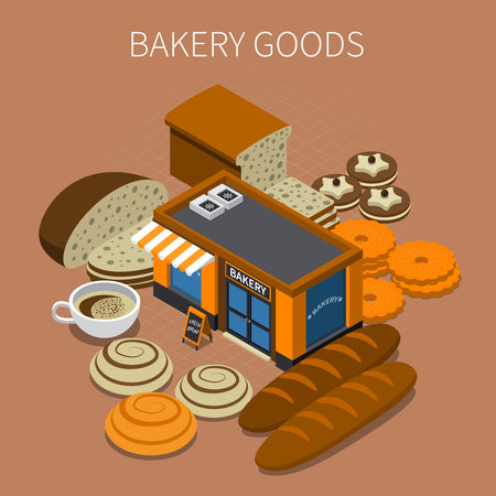 Bakery bread production isometric composition with images of ready products and marketing buildings with text vector illustrationのイラスト素材